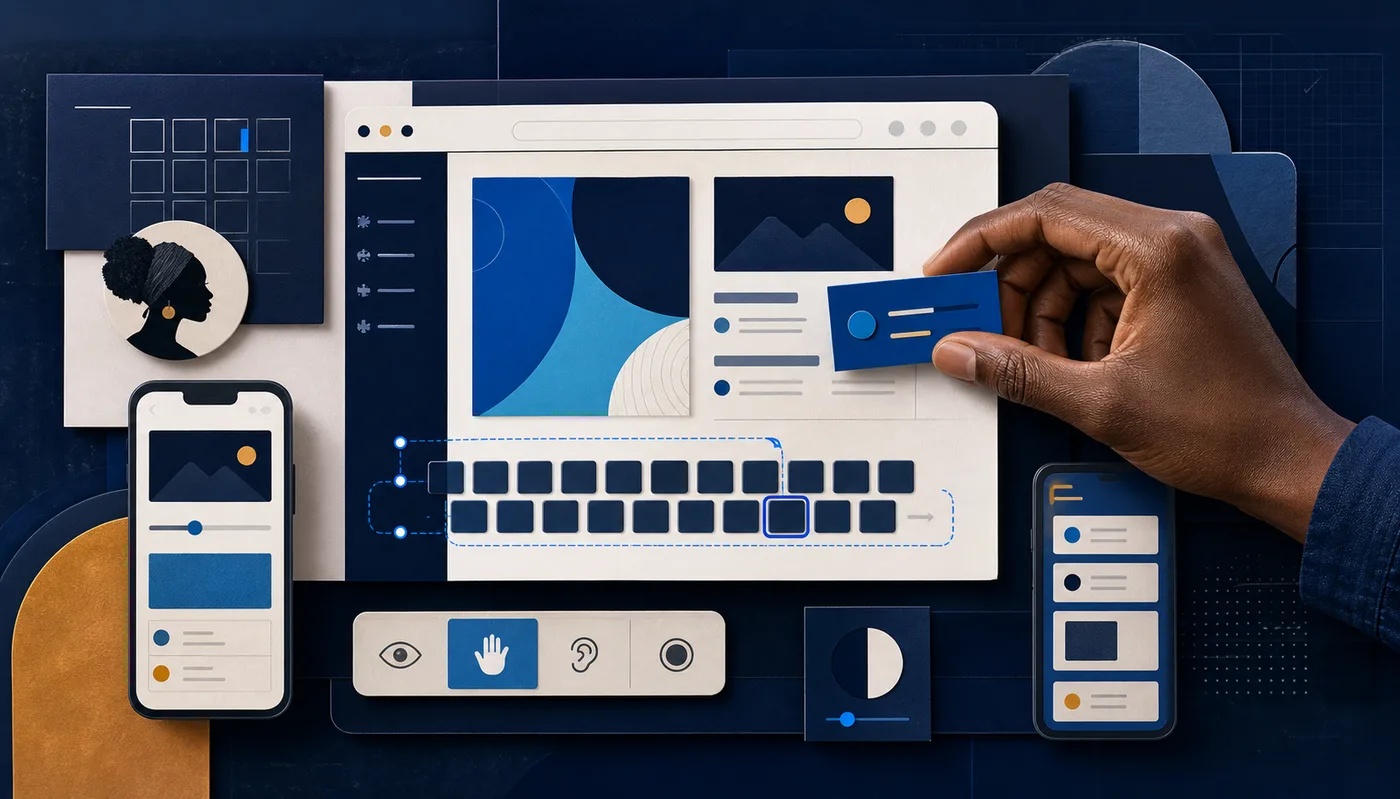 Conceptual editorial artwork of an accessible digital product being designed across desktop and mobile layouts