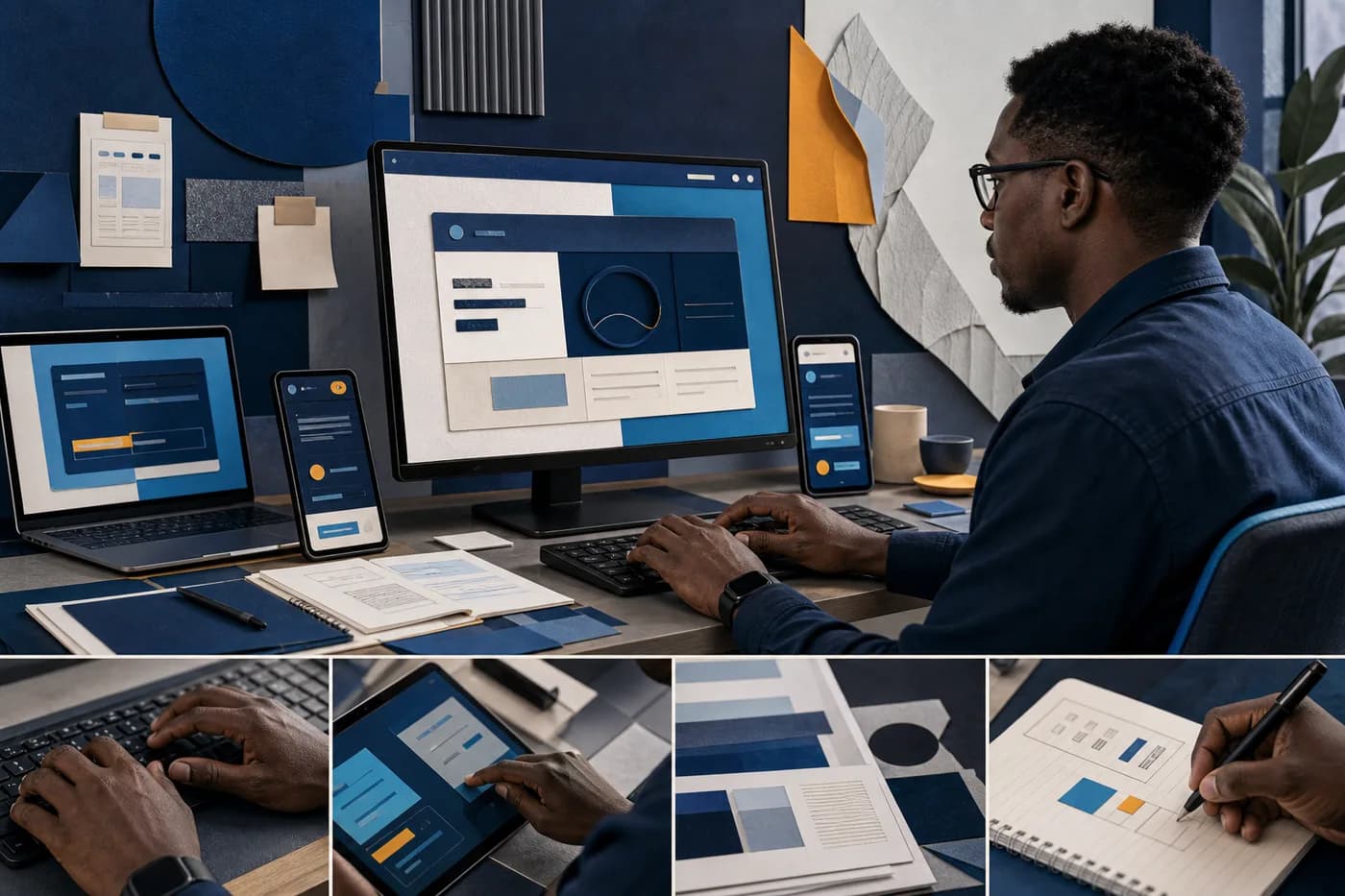 Conceptual editorial artwork of a disabled technology professional reviewing a digital interface across several devices