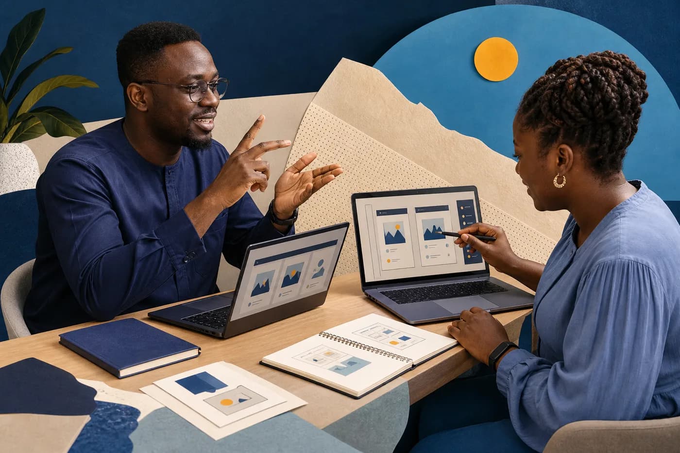 Conceptual editorial artwork of Nigerian professionals using sign language and visual materials during practical digital training